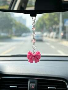 1pc Pink Bow Car Rearview Mirror Hanging Ornament, Cute‑Style Girly Heart Interior Car Decor Pendant, Car Hanging Accessory - A - View 1