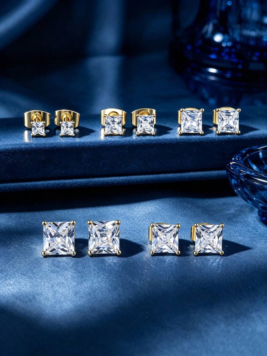 10 Peças Brincos de Botão Quadrados de Zircônia Cúbica, Brincos de Piercing Empilháveis Revestidos de Ouro Branco 18K com Strass, Brincos Femininos Estilo Minimalista Clean Girl