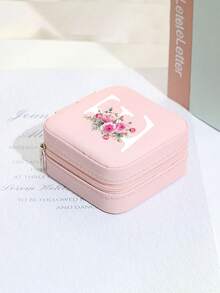 A-Z Floral Initial Travel Jewelry Organizer, Pink PU Leather Mini Zipper Jewelry Box, Compartment Portable Ring Earring Necklace Storage Box, A-Z Letter Women Girls Gift Box - Multicolor - View 6