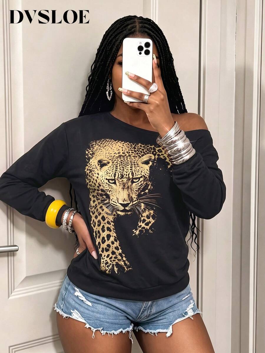 Women's Gold Leopard Print Digital Printed Off-Shoulder Long Sleeve Ribbed Trim Casual Pullover Sweatshirt - Black - View 1