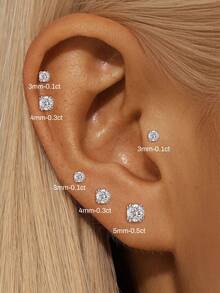 EleRunis 1pc Moissanite 925 Sterling Silver Classic 4-Prong Flat Back Cartilage Spiral Piercing Earring, Wedding Daily Wear Bridal Jewelry - Silver - View 3