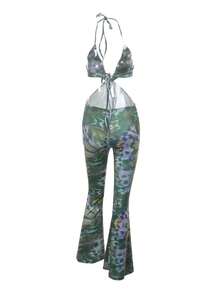 Autumn Sexy Twist Print Spaghetti Strap Jumpsuit, Slim Fit, For Vacation, Party, Date - Green - View 5