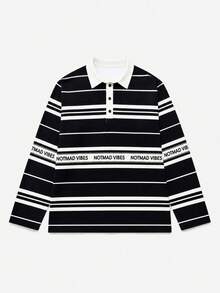 美式復古黑白對比條紋長袖 Polo 衫 男士字母印花領口休閒上衣 - 黑色 - 查看 4
