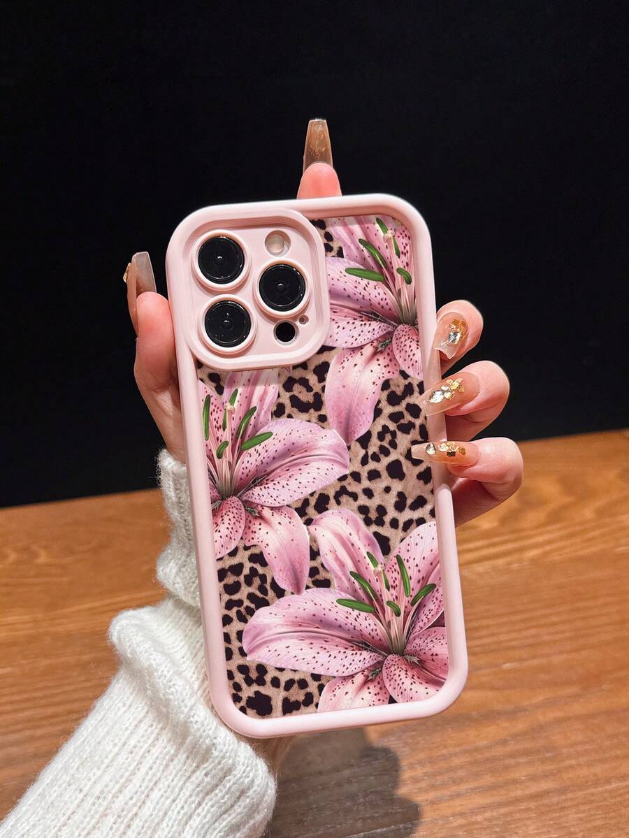 粉色甜美百合花性感豹紋磨砂防摔手機殼,適用於 iPhone 11/12/13/14/15/16/13 Pro Max/16 Plus/XR/8P/17 Pro Max - 粉色 - 查看 1