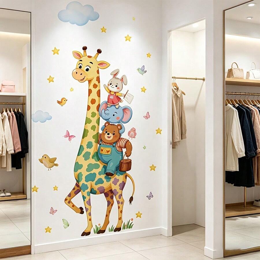 1/2pcs Cartoon Giraffe Animal Wall Stickers, Removable Peel And Stick Vinyl Wall Decals For Classroom Children's Room, DIY Waterproof Home Decor Mural Art - Giraffe Wall Decal - View 1