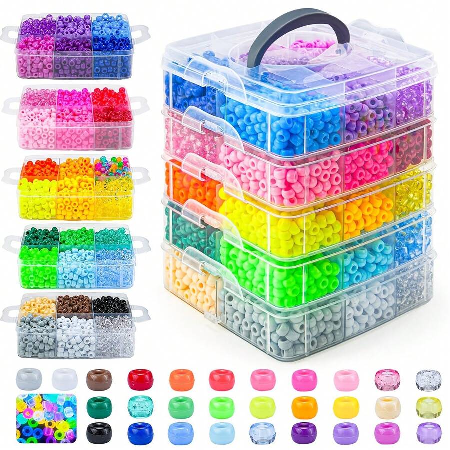 Kit DIY de Contas Soltas para Miçanga Artesanal 3 Camadas/4 Camadas/5 Camadas, Contas Acrílicas Multicoloridas Populares com Furo Grande Tipo Barril e Contas Pony, Cores Arco-Íris - Três camadas, 2700 peças - Visão 1