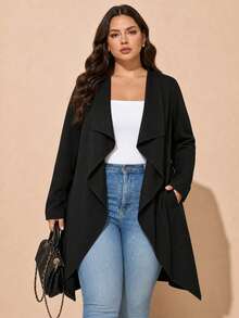 Plus Size Women's Waterfall Collar Asymmetrical Hem Long Sleeve Knit Cardigan, Elegant Casual Open Front Jacket, Black - Black - View 1