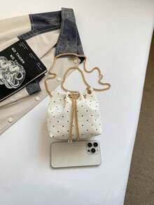 Mini New Fashion Straw Woven Gold Chain Drawstring Bucket Bag Beach Bag - White - View 4