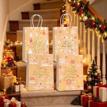 Warm Yellow Background Gold Foil Christmas Paper Bag, Minimalist Christmas Tree, Cottage, Snowflake Print Paper Gift Bag, Suitable For Various Souvenirs, Party, Universal Holiday Packaging, Handheld Paper Bag, Christmas - Champagne - View 3