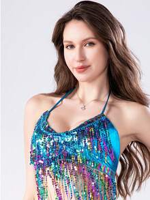 Sequin Fringe Top, Belly Dance Costume, Sequin Backless Singer Street Style Bar Outfit - Multicolor - View 9