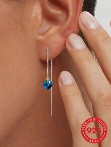 1 Pair S925 Sterling Silver Minimalist Luxury Cool Tone Ins Blue Heart Long Earline French Fashion Gentle Atmosphere Elegant Niche Design Ocean Heart Tassel Heart-Shaped Women's Earrings Fresh Elegant Personality High-End Party Versatile Accessory Gift - Love - View 2