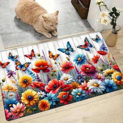 1/2/3pcs Spring Floral Wood Grain Base Themed Area Rug,0.47inch Thick Flannel Sponge,Soft&Lightweight,Easy To Clean,Machine Washable,Rectangle Mat For Living Room,Bedroom,Entryway,Game Room,Dorm Decor,Suitable For Thanksgiving Christmas Decor