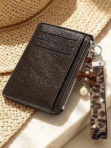 Slim Pu Leather Card Holder Wallet,Multi Card Slots Coin Purse With Rhinestone Wristlet Strap Bow Pendant Keychain, Portable Id Card Case Daily Use - Multicolor - View 5