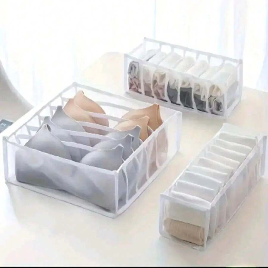 Simple Modern 3pcs Underwear Organizer Set, Mesh Storage Bags For Socks, Drawers, And Closet, Fashionable Women'S Accessory. - White - View 1