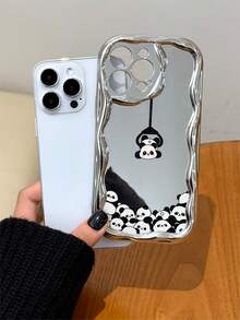 Electroplated Silver Glossy Wavy Frame Hanging Lanyard Cute Panda Phone Case, High Gloss Full Coverage Anti-Drop Protective Shell, Compatible With Apple 11/12/13/14/15/16/17/PRO/PROMAX/PLUS/AIR And Other Phone Models - Silver - View 2