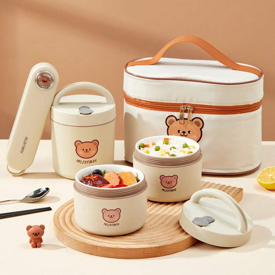 Ceramic Bento Box Adult, Microwavable Lunch Containers With Handle, Leakproof Insulated Bowl With Lid, Travel Food Containers With Utensils, Round Meal Prep Containers, Lunch Bowls, Snack Containers With Lids, Bento Box With Bag, Student Lunch Set - Multicolor - View 1