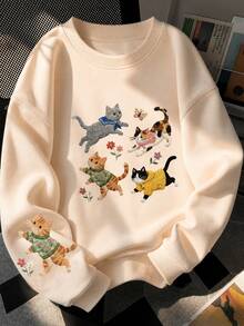 Women's Autumn/Winter New Cute Cat Embroidery & Print Casual Crew Neck Fashion Versatile Sweatshirt - Apricot - View 2
