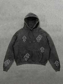 Vintage Street Graphic Print Drawstring Hoodie, Regular Fit Casual Comfortable Pocket Pullover Sweatshirt, Suitable For Daily Wear, Autumn/Winter Men's Style - Black - View 1
