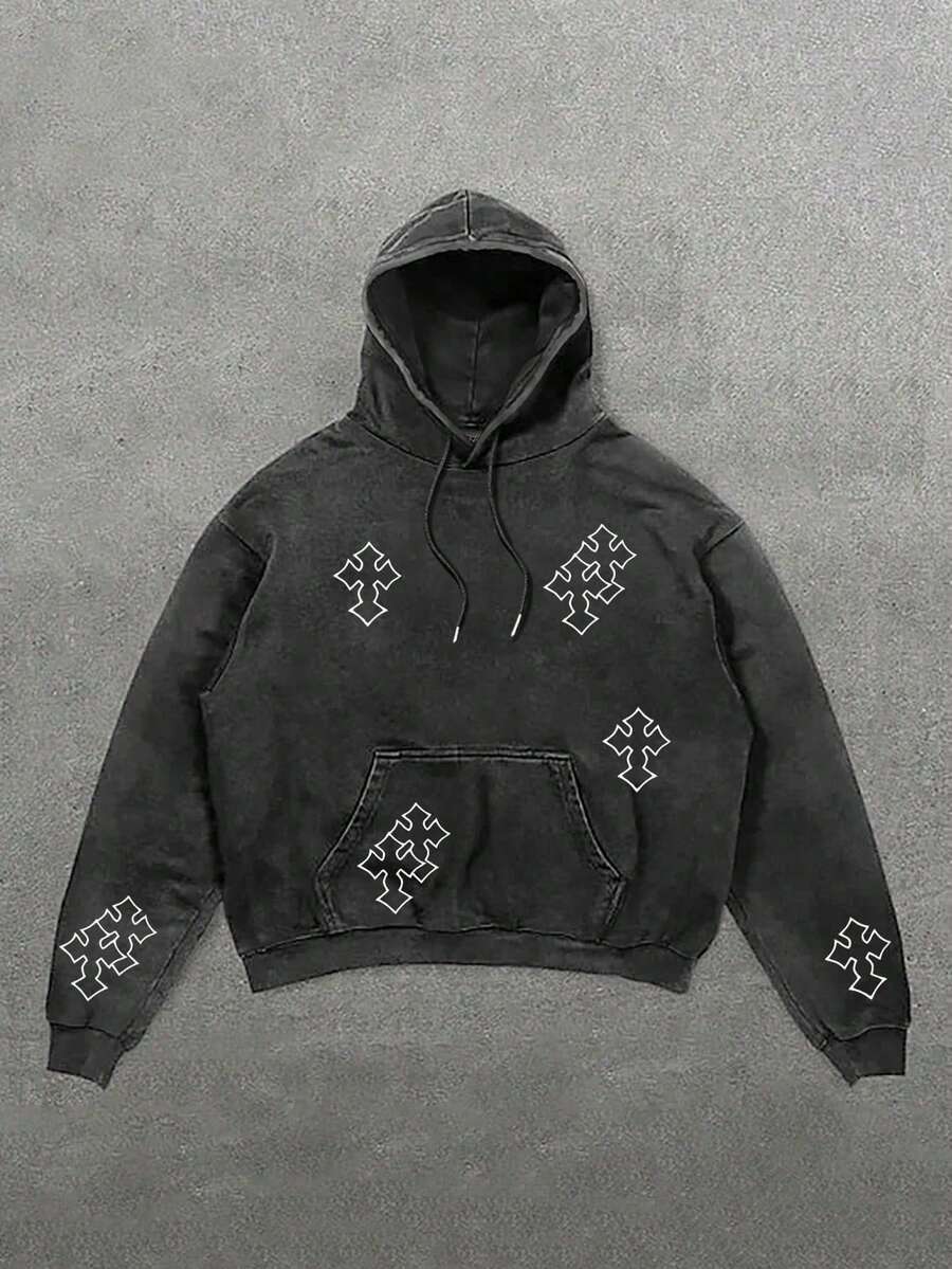 Vintage Street Graphic Print Drawstring Hoodie, Regular Fit Casual Comfortable Pocket Pullover Sweatshirt, Suitable For Daily Wear, Autumn/Winter Men's Style - Black - View 1