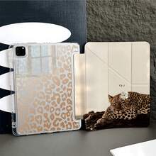 1pc Neutral Beige Leopard & Floral Art Print Y-Shape Tri-Fold Tablet Protective Case, Built-In Pencil Slot, Transparent Back Cover With Pencil Holder, Multi-Angle Stand, Compatible With IPad 10.9/10.2/Air 5/Pro 11/10/9.7/Air 2/7/8/Air 4/5/Air 13/11(A16 2025), Compatible With Oppo Pad, Compatible With Huawei MatePad, Compatible With Honor Tablet - Multicolor - View 8