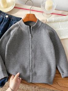 Boys' Stand Collar Full Zip Long Sleeve Knit Cardigan With Ribbed Texture And Raglan Sleeves, Simple Casual Versatile Knit Jacket For School And Daily Wear In Autumn/Winter - Grey - View 2