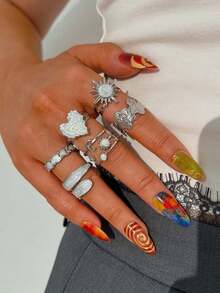 6pcs Elegant Vintage Fashion Oil Drop Heart Flower Star Moon Geometric Hollow Out Rings Set, Suitable For Women's Daily Wear - Silver - View 5