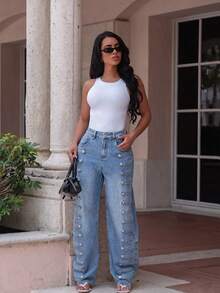 HAPPY GIRL Spring/Autumn Versatile Casual Fashion Elegant Denim Daily Vacation Women's Court Style Side Buckle Curved Leg Pants - Blue - View 4