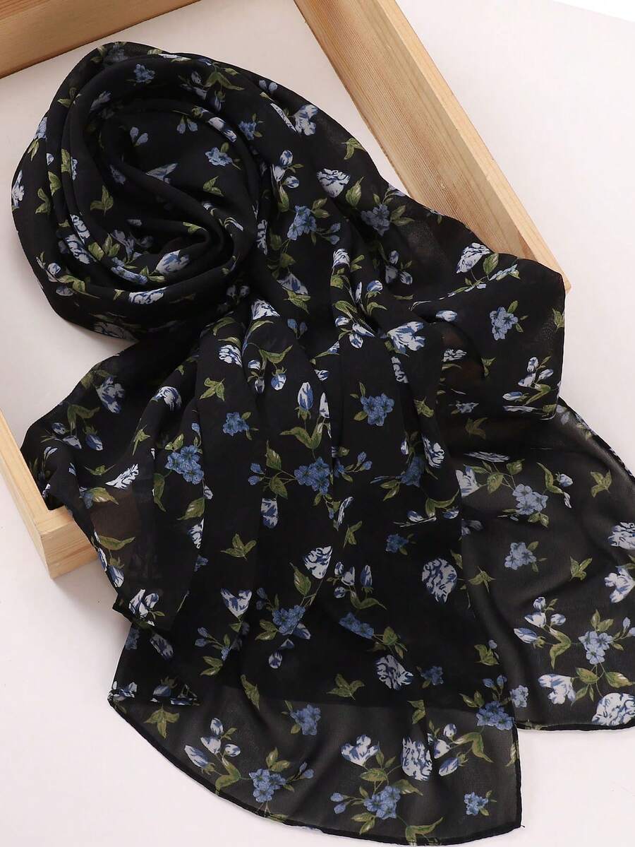 1pc Chiffon Printed Hijab Scarf - Black Print - View 1