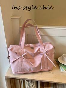 Travel Luggage Bag With Bow Embroidery And Embossed Logo Decor, Layered Storage For Clothes And Personal Items, Zipper Closure, Minimalist Soft Style Handheld Travel Bag, Suitable For Short Trips, Business Travel, Fitness, And Outings, Large Capacity Lightweight Shoulder Crossbody Bag - Pink - View 8