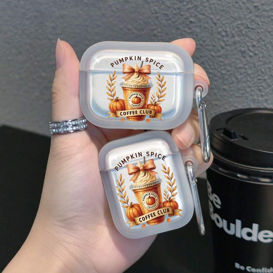 1 pieza Estuche para auriculares con diseño de taza de café de calabaza y especias, semitransparente mate con estampado vintage de bebida de otoño, con mosquetón y carcasa blanda, compatible con AiPods1/2, compatible con Airpods3, compatible con Airpods4, compatible con Airpodspro, cobertura completa y protección anticaída para auriculares Bluetooth - transparente - Ver 1