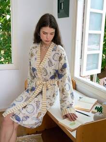 Women's Vacation Style Colorblock Universe Star & Moon Print Robe - Apricot - View 4