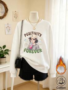 Women's White Round Neck Long Sleeve Pullover Sweatshirt With Rib-Knit Details And 'Positivity Forever' Graphic Print, Casual Style, - White - View 11