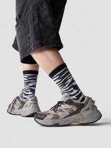 1/5/10 Pairs Ins Retro Colorblock Striped Socks, Outdoor Mountain Print Zebra Pattern Mid-Calf Socks, Unisex Versatile Happy Crazy Socks - Multicolor - View 11