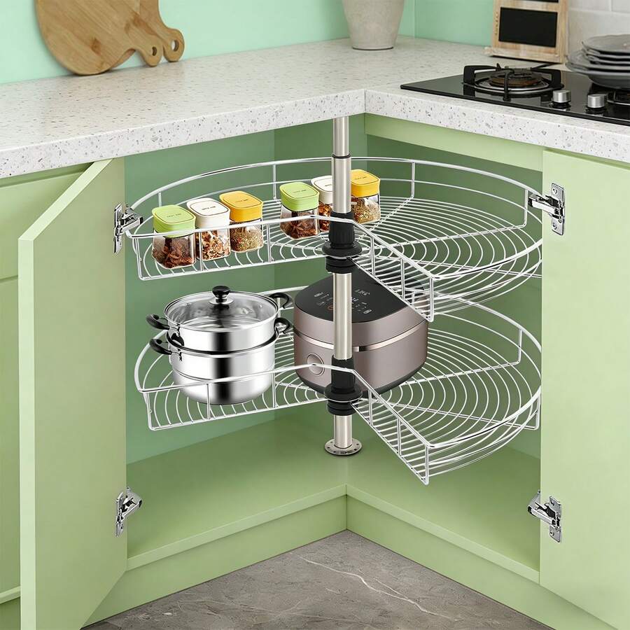 HYYKJ-US 27 Inch Kidney Corner Cabinet, 270° Rotatable Blind Corner Organizer With Double Basket, Adjustable Height Kitchen Spice Rack For Cupboard Pantry - HG-mLCYT-3763=default - View 1
