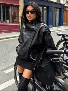 DEEKA Spring/Autumn New Women's Loose Oversized European & American Style Fashion Minimalist Versatile Faux Leather Jacket, Streetwear Fall - Black 1 - View 3