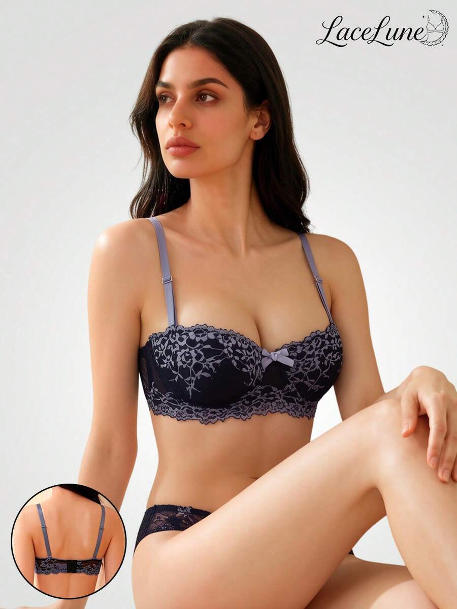 Women's Purple Sexy Lingerie, Comfortable Backless Bra With Underwire, Thin Lace Push-Up Bra With Side Support, Backless Design, Small Chest Lift And Side Support, Anti-Sagging, Sexy Style, Enhancing Bust