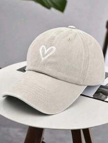 1pc Women's Baseball Cap, White Heart Embroidery, Vintage Style, Adjustable Strap, Comfortable & Breathable, Suitable For Daily Wear, Outdoor Activities And Fashion Street Style - Beige - View 1