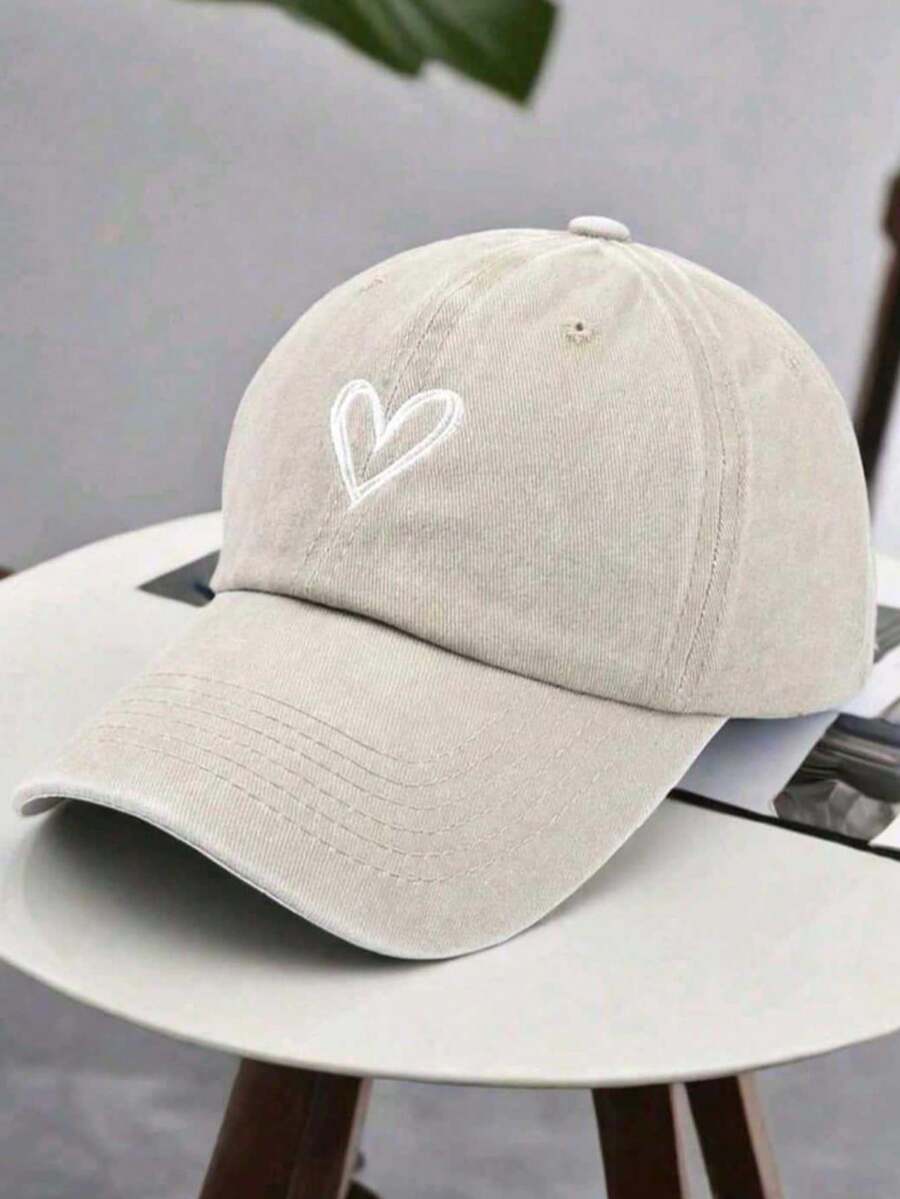 1pc Women's Baseball Cap, White Heart Embroidery, Vintage Style, Adjustable Strap, Comfortable & Breathable, Suitable For Daily Wear, Outdoor Activities And Fashion Street Style - Beige - View 1