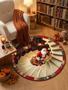 1pc 3D Optical Illusion Christmas Round Rug, Santa Claus Spiral Staircase Bookshelf Pattern Non-Slip Floor Carpet, Suitable For Living Room, Bedroom, Entryway Home Decor Holiday Christmas Decoration Rug, Bedroom Decor, Small Rug, Carpet, Home Decor, Living Room Rug, Living Room Small Rug, Bedroom Rug, Living Room Home Decor, Outdoor Rug, Washable Carpet - Multicolor - View 4