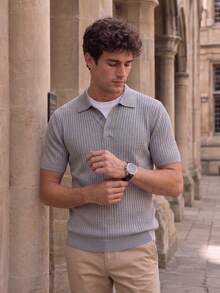 Men's Vertical Ribbed Knit Polo Short Sleeve, Light Business Casual Loose Fit Top - Dark Grey - View 1
