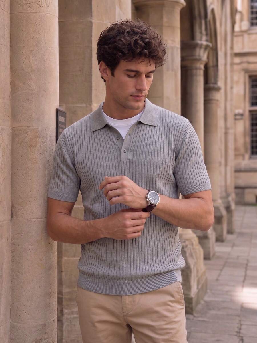 Men's Vertical Ribbed Knit Polo Short Sleeve, Light Business Casual Loose Fit Top - Dark Grey - View 1