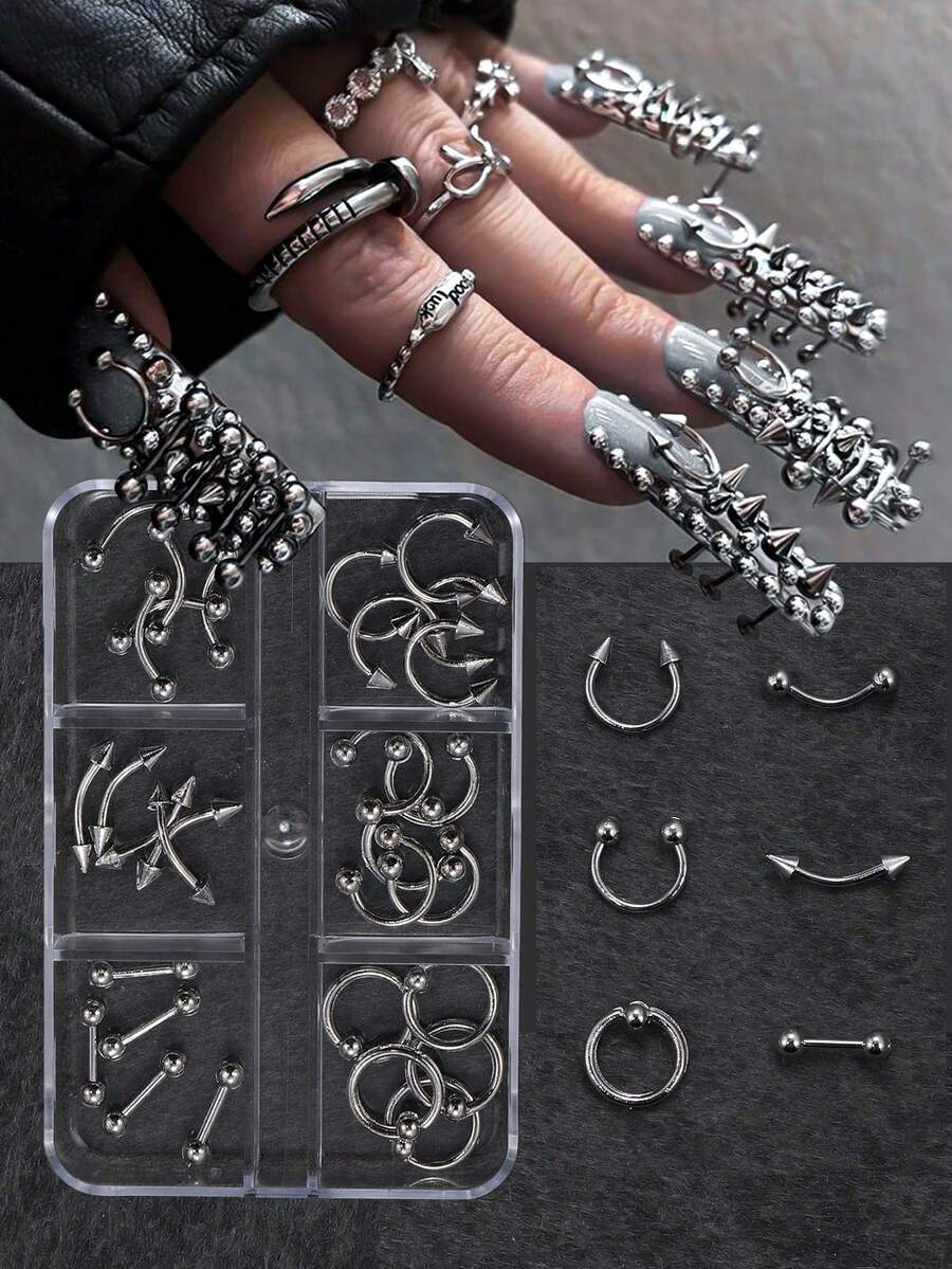 6-Grid 30pcs Punk Style Metal Rivet Nail Art Decorations, Silver 3D Rivet Nail Art Decor, DIY Alloy Nail Art Accessories, Ideal Decoration For Nail Art Enthusiasts And Nail Art Projects - Multicolor - View 1