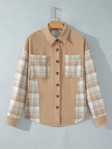 Acelitt Women's Casual Khaki Plaid Patchwork Button-Front Long Sleeve Shirt Jacket, Suitable For Spring And Autumn - Multicolor - View 2
