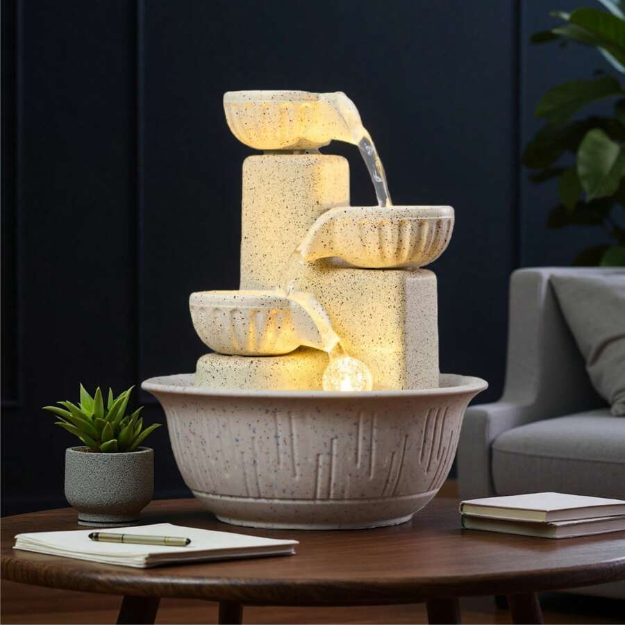 Zen Desktop Water Fountain Decor, Premium White Design, 3-Tier Waterfall With Colorful Glowing Crystal Ball, Indoor Desktop Ornament - White - View 1