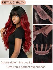 Black To Red Ombre Wig 28 Inch Long Wavy Wigs With Bangs Synthetic Heat Resistant Hair For Women Party Daily Use - Multicolor - View 4