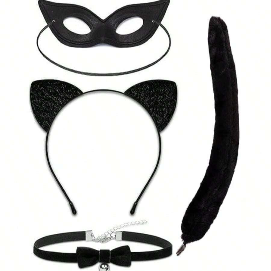 Set Kostum Kucing 4 Bagian dengan Kalung Telinga Kucing dan Topeng Hitam Pendek untuk Wanita, Perlengkapan Cosplay Halloween untuk Dewasa - MultiWarna - View 1