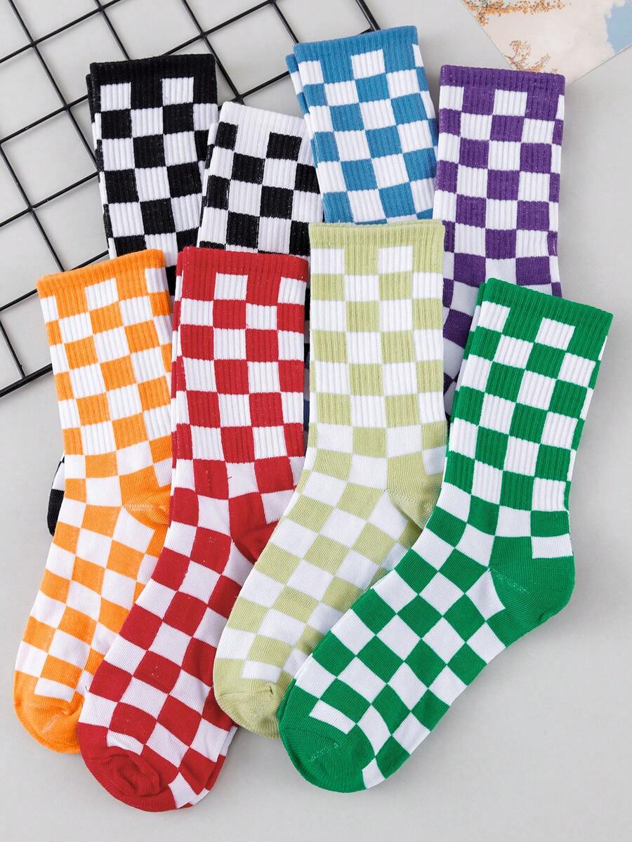 5/10 Pairs Men's Mid-Calf Socks, Colorful Checkerboard Pattern Street Style Unisex Comfortable Versatile Fashion Socks - Multicolor - View 1