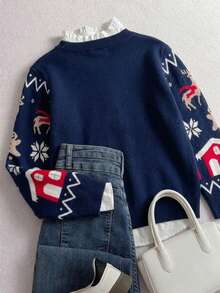Girls Cute Christmas Reindeer Sweater Knit Pullover, Christmas Gift, Suitable For Christmas Party, Spring, Winter, Autumn - Navy Blue - View 5