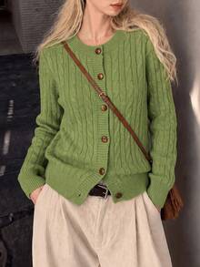 Women's Casual Minimalist Green Cable Knit Cardigan, Button Front, Long Sleeve Round Neck, Short Knit Sweater, Comfortable Winter Choice - Green - View 4