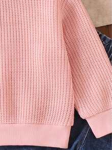 Baby Girl Pink 3D Strawberry Waffle Knit Short Sweatshirt & Bud Waist Wide Leg Denim Jeans 2-Piece Set, Soft Textured Top, Spring/Autumn Casual Versatile Outfit - Pink - View 4